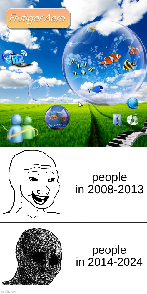 gives me that feeling :( | people in 2008-2013; people in 2014-2024 | image tagged in happy wojak vs depressed wojak | made w/ Imgflip meme maker