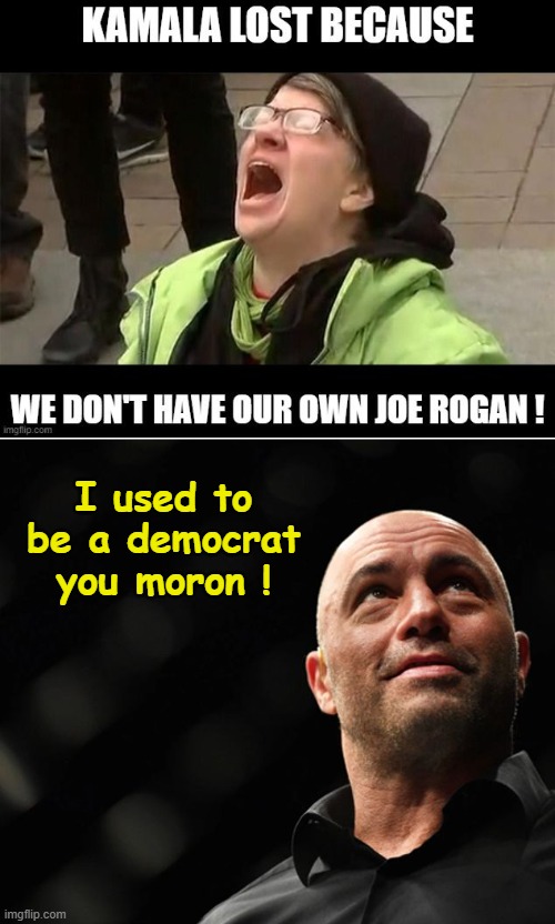 The DNC doesn't have their own Joe Rogan? Seriously? | I used to be a democrat you moron ! | image tagged in joe rogan | made w/ Imgflip meme maker