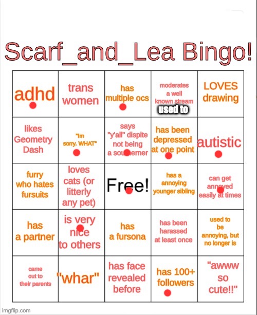 Scarf_and_Lea Bingo | used to | image tagged in scarf_and_lea bingo | made w/ Imgflip meme maker