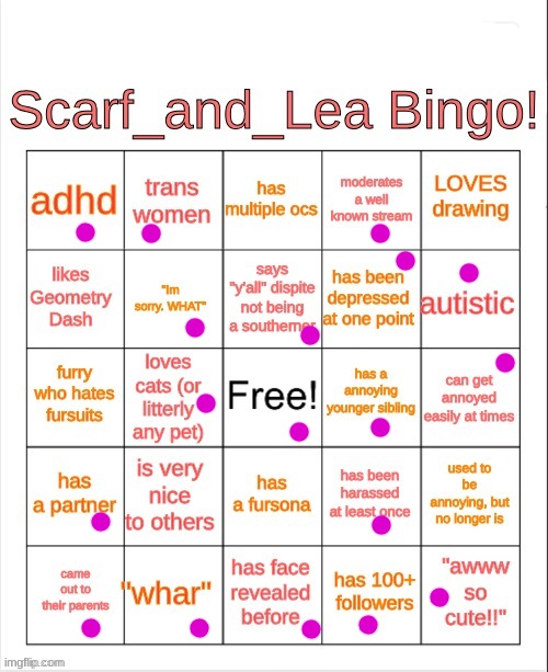Scarf_and_Lea Bingo | image tagged in scarf_and_lea bingo | made w/ Imgflip meme maker