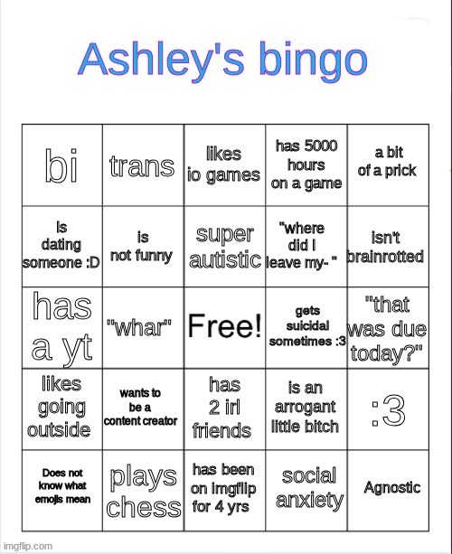 Ashley's bingo | image tagged in ashley's bingo | made w/ Imgflip meme maker