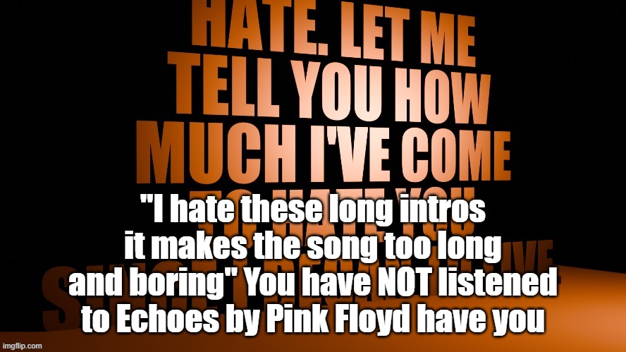 AM Hate Speech 3D | "I hate these long intros it makes the song too long and boring" You have NOT listened to Echoes by Pink Floyd have you | image tagged in am hate speech 3d | made w/ Imgflip meme maker