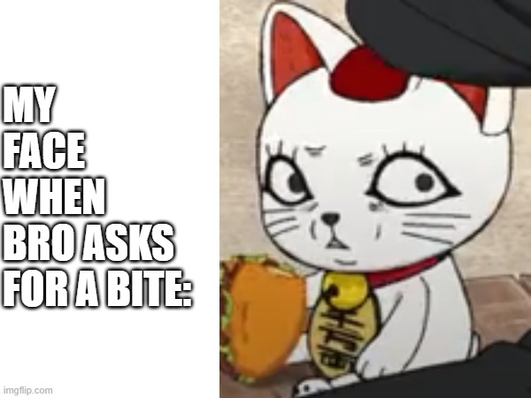 Dandadan Cat | MY
FACE 
WHEN 
BRO ASKS 
FOR A BITE: | image tagged in dandadan,food,friendship,side eye | made w/ Imgflip meme maker