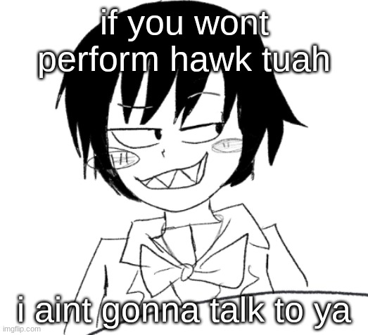 icy smirk | if you wont perform hawk tuah; i aint gonna talk to ya | image tagged in icy smirk | made w/ Imgflip meme maker