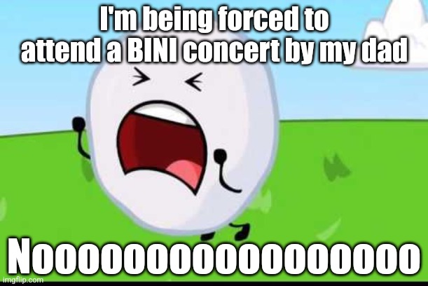 And I hate BINI because of their cringy music | I'm being forced to attend a BINI concert by my dad; Nooooooooooooooooo | image tagged in bfdi snowball nooooo,funny,bini sucks,lol,why,cringe | made w/ Imgflip meme maker