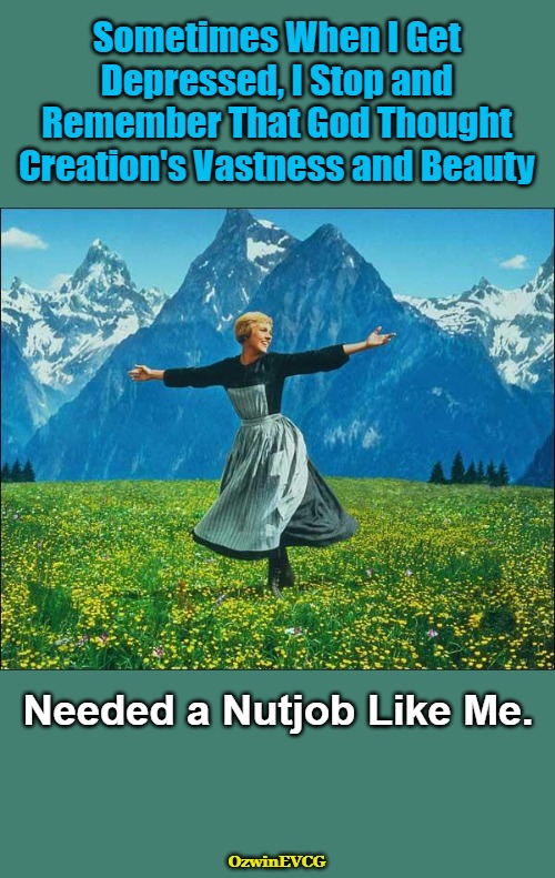 Thank You to Julie Andrews and Company from Team Ozwin Theo | Sometimes When I Get 

Depressed, I Stop and 

Remember That God Thought 

Creation's Vastness and Beauty; Needed a Nutjob Like Me. OzwinEVCG | image tagged in happy,sad,gods,goddesses,creation,perspective | made w/ Imgflip meme maker