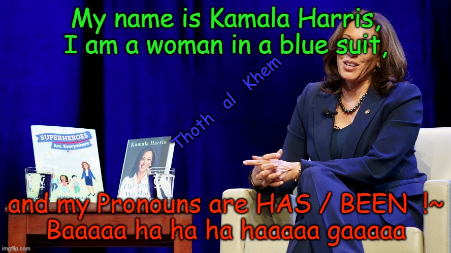 KAMALA HARRIS PRONOUNS ARE HAS / BEEN | My name is Kamala Harris, I am a woman in a blue suit, Thoth   al   Khem; and my Pronouns are HAS / BEEN  !~


Baaaaa ha ha ha haaaaa gaaaaa | image tagged in kamala harris,loser kamala,trump wins,losers lose,goodbye kamala harris,2024 trump | made w/ Imgflip meme maker