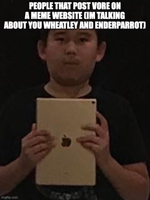 Kid with ipad | PEOPLE THAT POST VORE ON A MEME WEBSITE (IM TALKING ABOUT YOU WHEATLEY AND ENDERPARROT) | image tagged in kid with ipad | made w/ Imgflip meme maker