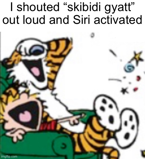 Calvin and Hobbes laugh | I shouted “skibidi gyatt” out loud and Siri activated | image tagged in calvin and hobbes laugh | made w/ Imgflip meme maker