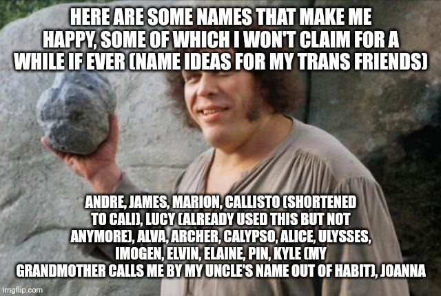 Andre the Giant | HERE ARE SOME NAMES THAT MAKE ME HAPPY, SOME OF WHICH I WON'T CLAIM FOR A WHILE IF EVER (NAME IDEAS FOR MY TRANS FRIENDS); ANDRE, JAMES, MARION, CALLISTO (SHORTENED TO CALI), LUCY (ALREADY USED THIS BUT NOT ANYMORE), ALVA, ARCHER, CALYPSO, ALICE, ULYSSES, IMOGEN, ELVIN, ELAINE, PIN, KYLE (MY GRANDMOTHER CALLS ME BY MY UNCLE'S NAME OUT OF HABIT), JOANNA | image tagged in andre the giant | made w/ Imgflip meme maker