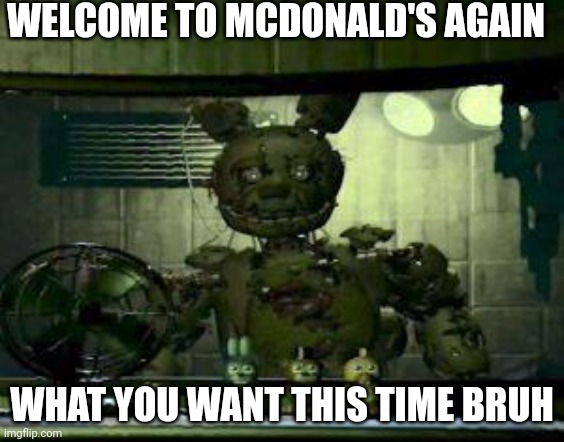 William Afton in McDonald's job part 3 | WELCOME TO MCDONALD'S AGAIN; WHAT YOU WANT THIS TIME BRUH | image tagged in fnaf springtrap in window | made w/ Imgflip meme maker