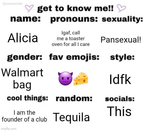 :3 | Alicia; Igaf, call me a toaster oven for all I care; Pansexual! 😈🧀; Idfk; Walmart bag; This; Tequila; I am the founder of a club | image tagged in get to know me but better | made w/ Imgflip meme maker