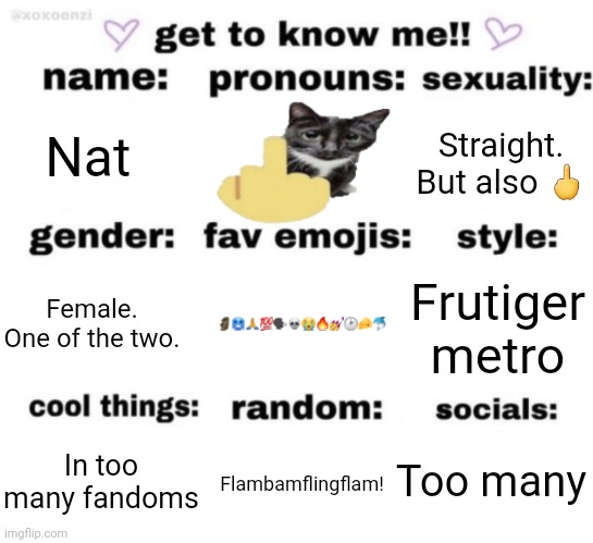 "Xiaohongshuuuu!!!!" - yapdollar | Nat; Straight. But also 🖕; 🗿🥶🙏💯🗣💀😭🔥💅🕑🧀🐬; Frutiger metro; Female. One of the two. Too many; Flambamflingflam! In too many fandoms | image tagged in get to know me but better | made w/ Imgflip meme maker