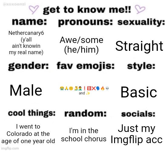 get to know me but better | Nethercanary6 (y'all ain't knowin my real name); Awe/some (he/him); Straight; 😭🙏🤫🧏‍♂️🤦‍♂️❗🅱️❌🗣️🔥💀 and ✨; Basic; Male; Just my Imgflip acc; I'm in the school chorus; I went to Colorado at the age of one year old | image tagged in get to know me but better | made w/ Imgflip meme maker