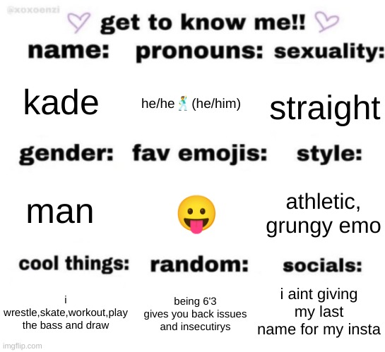 get to know me but better | kade; he/he🕺(he/him); straight; 😛; athletic, grungy emo; man; i aint giving my last name for my insta; being 6'3 gives you back issues and insecutirys; i wrestle,skate,workout,play the bass and draw | image tagged in get to know me but better | made w/ Imgflip meme maker