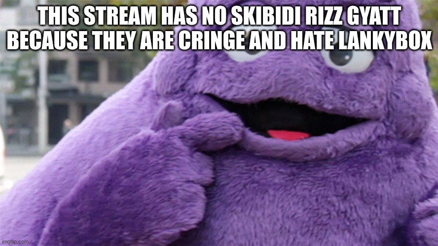 Grimace | THIS STREAM HAS NO SKIBIDI RIZZ GYATT BECAUSE THEY ARE CRINGE AND HATE LANKYBOX | image tagged in grimace | made w/ Imgflip meme maker