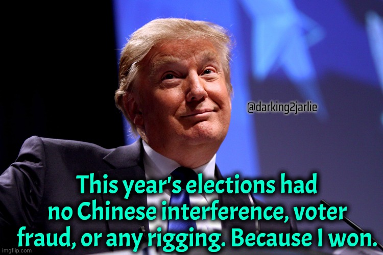 Isn't it adorable? | @darking2jarlie; This year's elections had no Chinese interference, voter fraud, or any rigging. Because I won. | image tagged in trump,donald trump,conservative hypocrisy,america | made w/ Imgflip meme maker