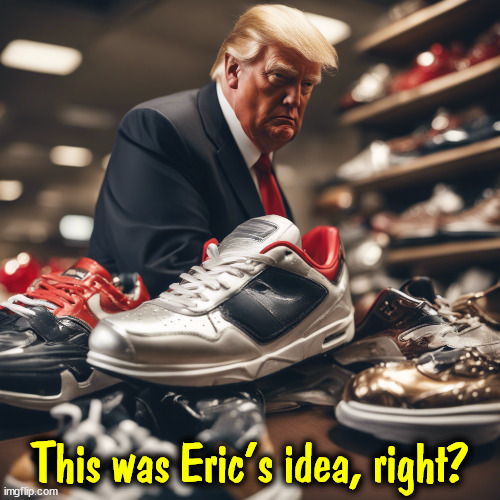 This was Eric's idea, right? | image tagged in trump,sneakers,greed,eric,shoe,salesman | made w/ Imgflip meme maker