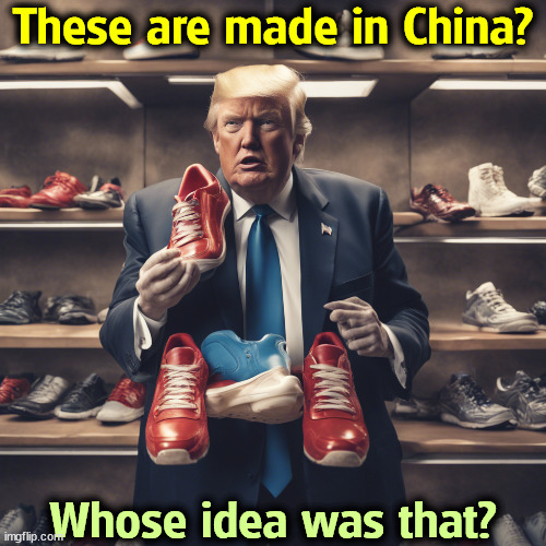 These are made in China? Whose idea was that? | image tagged in trump,sneakers,china,tariffs,hypocrisy,greed | made w/ Imgflip meme maker