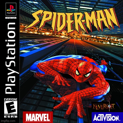 Spiderman ps1 made by me | image tagged in blank white template | made w/ Imgflip meme maker