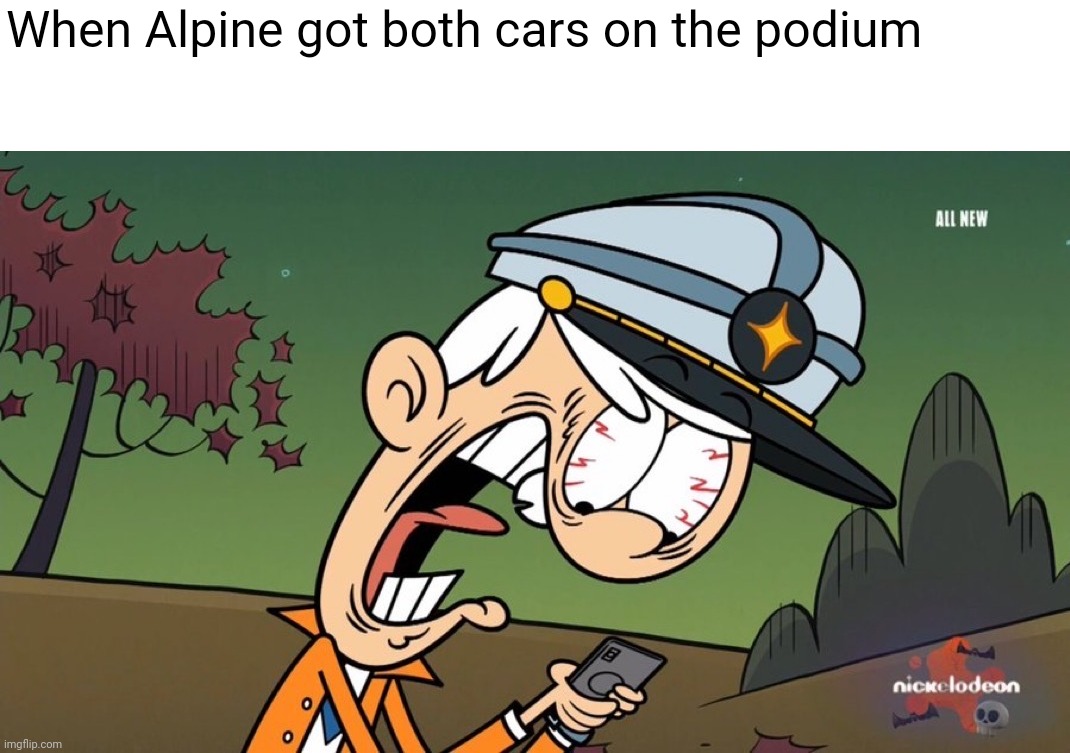 Gasping in shock or yelling | When Alpine got both cars on the podium | image tagged in gasping in shock or yelling,formula 1,brazil,sao,race,rain | made w/ Imgflip meme maker