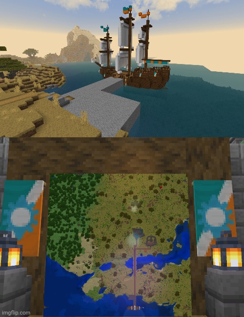 I added the dock and the boat (I was lazy and just structure blocked a pirate ship i found and changed the color of the sail) | image tagged in minecraft | made w/ Imgflip meme maker