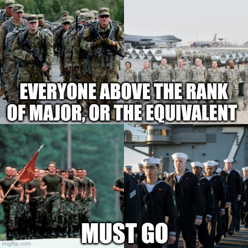 Reform must happen | EVERYONE ABOVE THE RANK OF MAJOR, OR THE EQUIVALENT; MUST GO | image tagged in armed forces | made w/ Imgflip meme maker