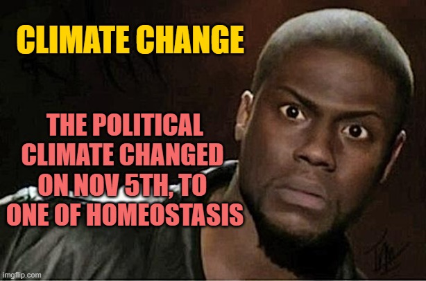 The TRUMPHILIAC's DISEASE effect on Climate Change | CLIMATE CHANGE; THE POLITICAL CLIMATE CHANGED 
ON NOV 5TH, TO 
ONE OF HOMEOSTASIS | image tagged in climate change,paris climate deal,john kerry,globalism,crazy aoc,adam schiff | made w/ Imgflip meme maker