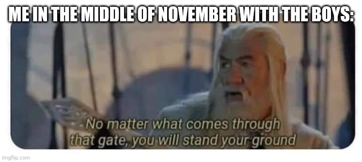 Gandalf stand your ground | ME IN THE MIDDLE OF NOVEMBER WITH THE BOYS: | image tagged in gandalf stand your ground | made w/ Imgflip meme maker