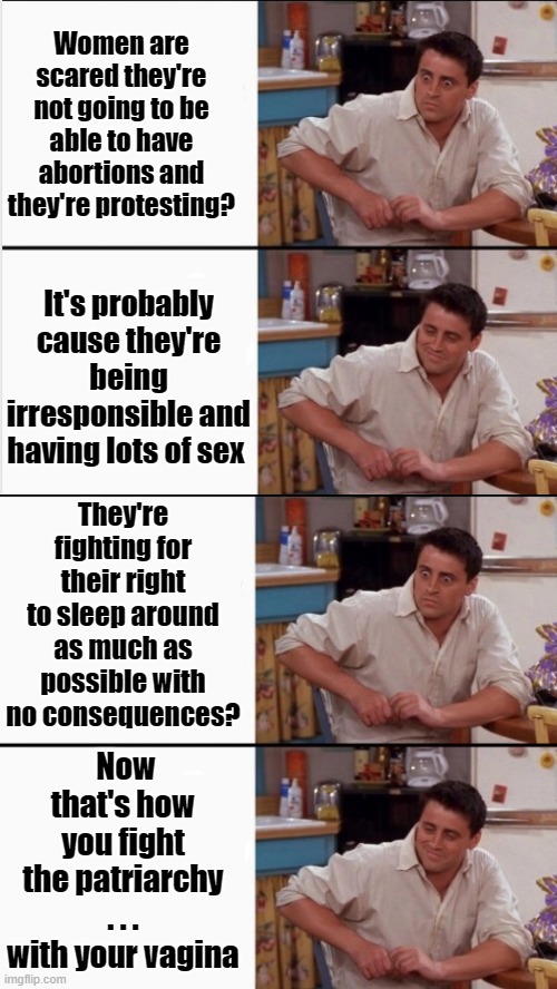 Dumb feminists don't even realize that their empowerment movement is a contradiction. | Women are scared they're not going to be able to have abortions and they're protesting? It's probably cause they're being irresponsible and having lots of sex; They're fighting for their right to sleep around as much as possible with no consequences? Now that's how you fight the patriarchy . . . with your vagina | image tagged in abortion,leftists,patriarchy,feminism,trump,pro-life | made w/ Imgflip meme maker