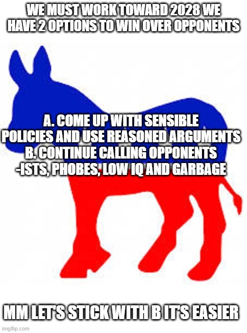 Democrat donkey | WE MUST WORK TOWARD 2028 WE HAVE 2 OPTIONS TO WIN OVER OPPONENTS; A. COME UP WITH SENSIBLE POLICIES AND USE REASONED ARGUMENTS
B. CONTINUE CALLING OPPONENTS -ISTS, PHOBES, LOW IQ AND GARBAGE; MM LET'S STICK WITH B IT'S EASIER | image tagged in democrat donkey | made w/ Imgflip meme maker