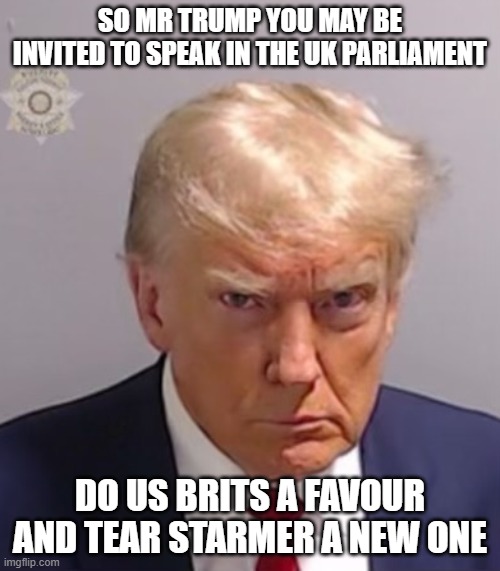 Donald Trump Mugshot | SO MR TRUMP YOU MAY BE INVITED TO SPEAK IN THE UK PARLIAMENT; DO US BRITS A FAVOUR AND TEAR STARMER A NEW ONE | image tagged in donald trump mugshot | made w/ Imgflip meme maker