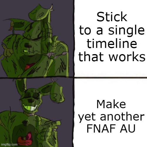 I have an Aftons survived AU, Glitchtrap mindcontrolling all of FazEnt, Charliebot being self-aware, Spidertronic, etc etc | Stick to a single timeline that works; Make yet another FNAF AU | made w/ Imgflip meme maker