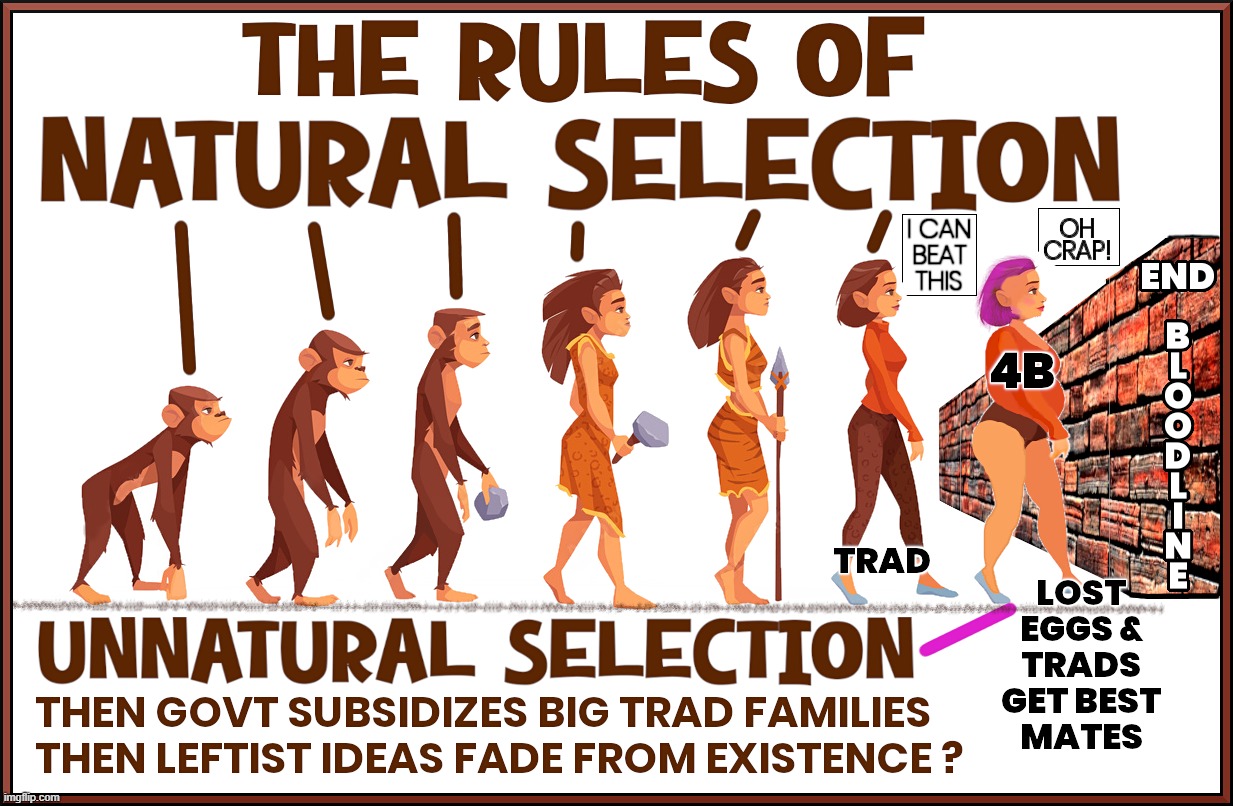 NATURAL SELECTION RULES | THE RULES OF NATURAL SELECTION
I CAN BEAT THIS  OH CRAP 4B TRAD END BLOODLINE; UNNATURAL SELECTION LOST EGGS & TRADS GET BEST MATES  THEN GOVT SUBSIDIZES BIG TRAD FAMILIES 
THEN LEFTIST IDEAS FADE FROM EXISTENCE ? | image tagged in natural selection,unnatural,4b,lost eggs,best mates,leftism dies | made w/ Imgflip meme maker