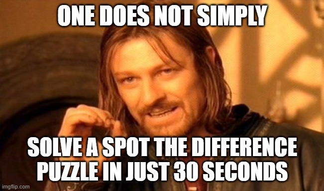 Challenge accepted? | ONE DOES NOT SIMPLY; SOLVE A SPOT THE DIFFERENCE PUZZLE IN JUST 30 SECONDS | image tagged in memes,one does not simply,spot the difference,games,puzzles,impossible | made w/ Imgflip meme maker