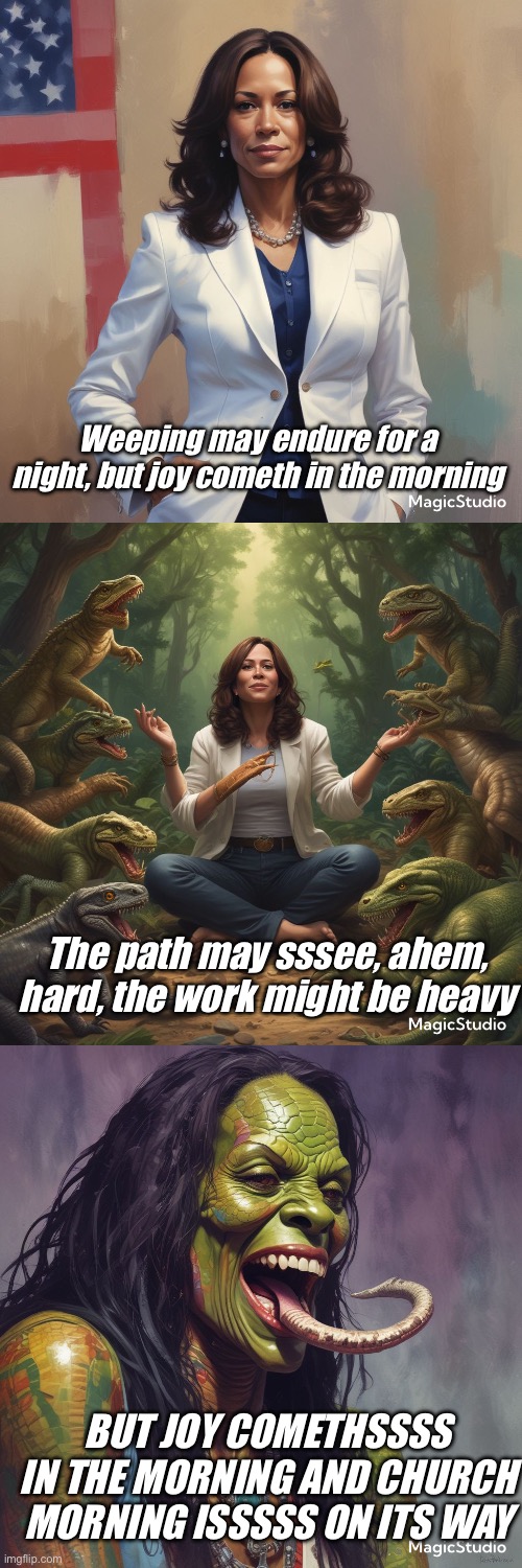 Ssssaving Democrasssy? | Weeping may endure for a night, but joy cometh in the morning; The path may sssee, ahem, hard, the work might be heavy; BUT JOY COMETHSSSS IN THE MORNING AND CHURCH MORNING ISSSSS ON ITS WAY | image tagged in kamala harris,deep state,reptilians,donald trump,winning,lizard queen | made w/ Imgflip meme maker