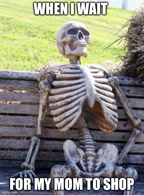 Waiting for Mom at the shop: | WHEN I WAIT; FOR MY MOM TO SHOP | image tagged in memes,waiting skeleton | made w/ Imgflip meme maker