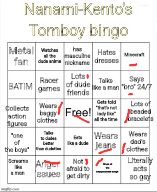 Nanami-Kento's Tomboy Bingo | image tagged in nanami-kento's tomboy bingo | made w/ Imgflip meme maker