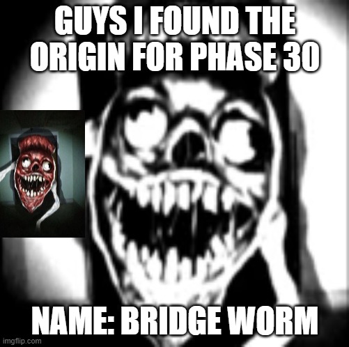 I found origin | GUYS I FOUND THE ORIGIN FOR PHASE 30; NAME: BRIDGE WORM | image tagged in phase 30 | made w/ Imgflip meme maker