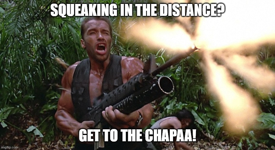 Get to the choppa! | SQUEAKING IN THE DISTANCE? GET TO THE CHAPAA! | image tagged in get to the choppa | made w/ Imgflip meme maker