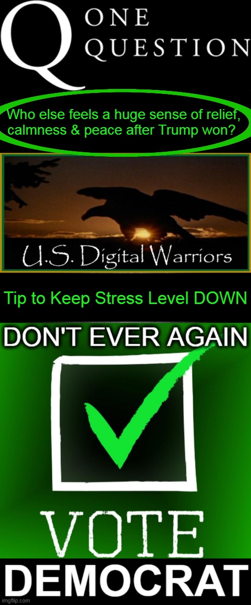 PSA | Who else feels a huge sense of relief, 
calmness & peace after Trump won? Tip to Keep Stress Level DOWN | image tagged in u s digital warriors,don't ever again vote democrat,peace,it's finally over,keep calm,donald trump approves | made w/ Imgflip meme maker