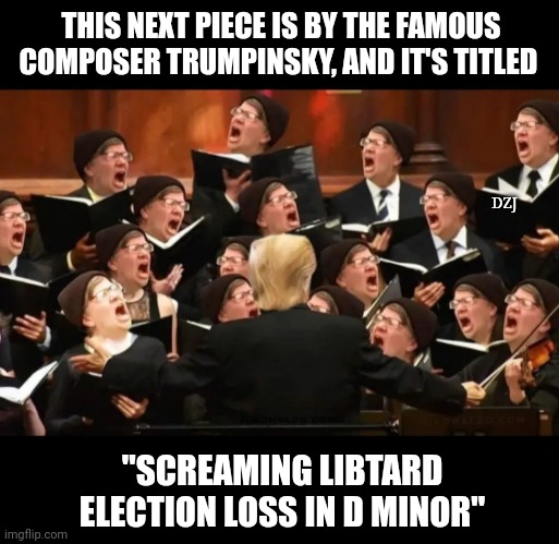 Beautiful music to our ears | THIS NEXT PIECE IS BY THE FAMOUS COMPOSER TRUMPINSKY, AND IT'S TITLED; DZJ; "SCREAMING LIBTARD ELECTION LOSS IN D MINOR" | image tagged in libtard,moron,losers,butthurt liberals,finished | made w/ Imgflip meme maker