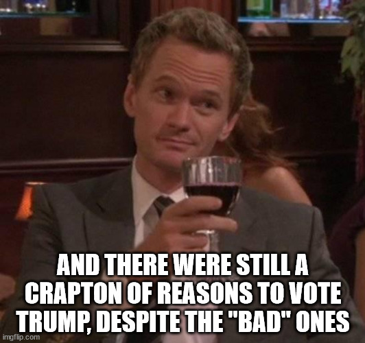 true story | AND THERE WERE STILL A CRAPTON OF REASONS TO VOTE TRUMP, DESPITE THE "BAD" ONES | image tagged in true story | made w/ Imgflip meme maker