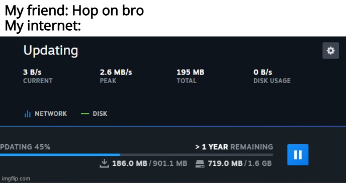 My slowly ahh internet | My friend: Hop on bro 
My internet: | image tagged in funny,funny memes,fun,steam,slow,memes | made w/ Imgflip meme maker