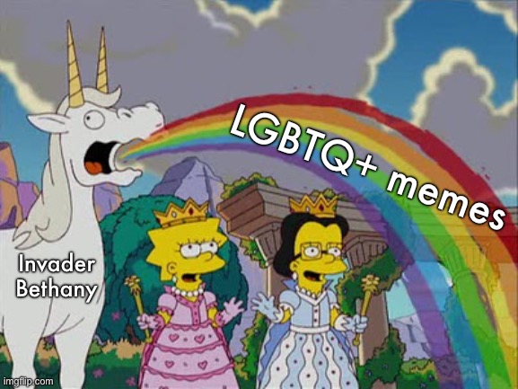 Me making and posting memes | LGBTQ+ memes; Invader
Bethany | image tagged in puking rainbows the simpsons,the simpsons,lisa simpson,juliet hobbes,lgbtq,memes | made w/ Imgflip meme maker