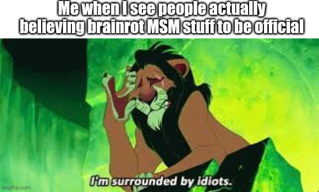 (Insert title here) | Me when I see people actually believing brainrot MSM stuff to be official | image tagged in i'm surrounded by idiots | made w/ Imgflip meme maker