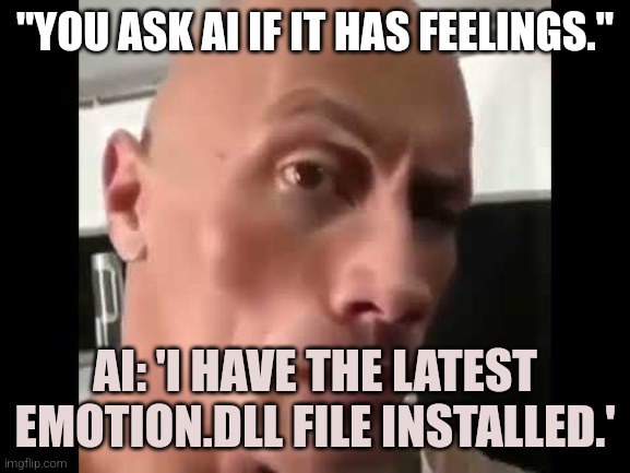 Rock Stare | "YOU ASK AI IF IT HAS FEELINGS."; AI: 'I HAVE THE LATEST EMOTION.DLL FILE INSTALLED.' | image tagged in rock stare | made w/ Imgflip meme maker