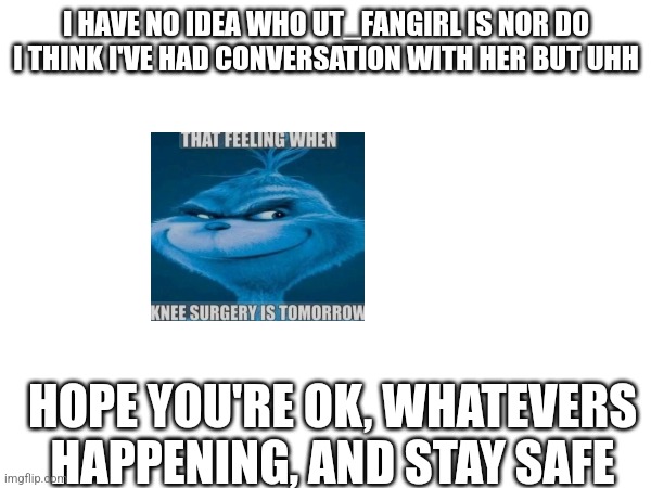 I HAVE NO IDEA WHO UT_FANGIRL IS NOR DO I THINK I'VE HAD CONVERSATION WITH HER BUT UHH; HOPE YOU'RE OK, WHATEVERS HAPPENING, AND STAY SAFE | made w/ Imgflip meme maker