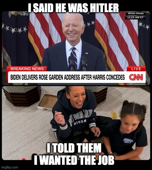 I said he was Hitler - Joe and KH move on :) | I SAID HE WAS HITLER; I TOLD THEM I WANTED THE JOB | image tagged in hitler,donald trump,joe biden,kamala harris,election 2024,liberals | made w/ Imgflip meme maker