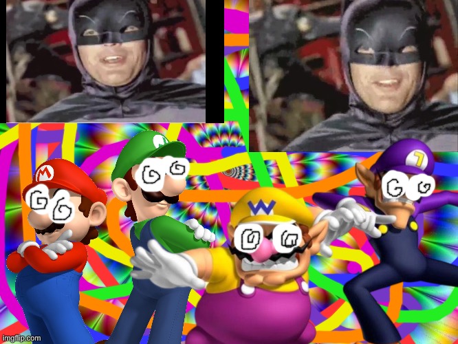 The Mario bros and Wario bros on LSD | image tagged in lsd,super mario,wario,waluigi,batman,crossover | made w/ Imgflip meme maker